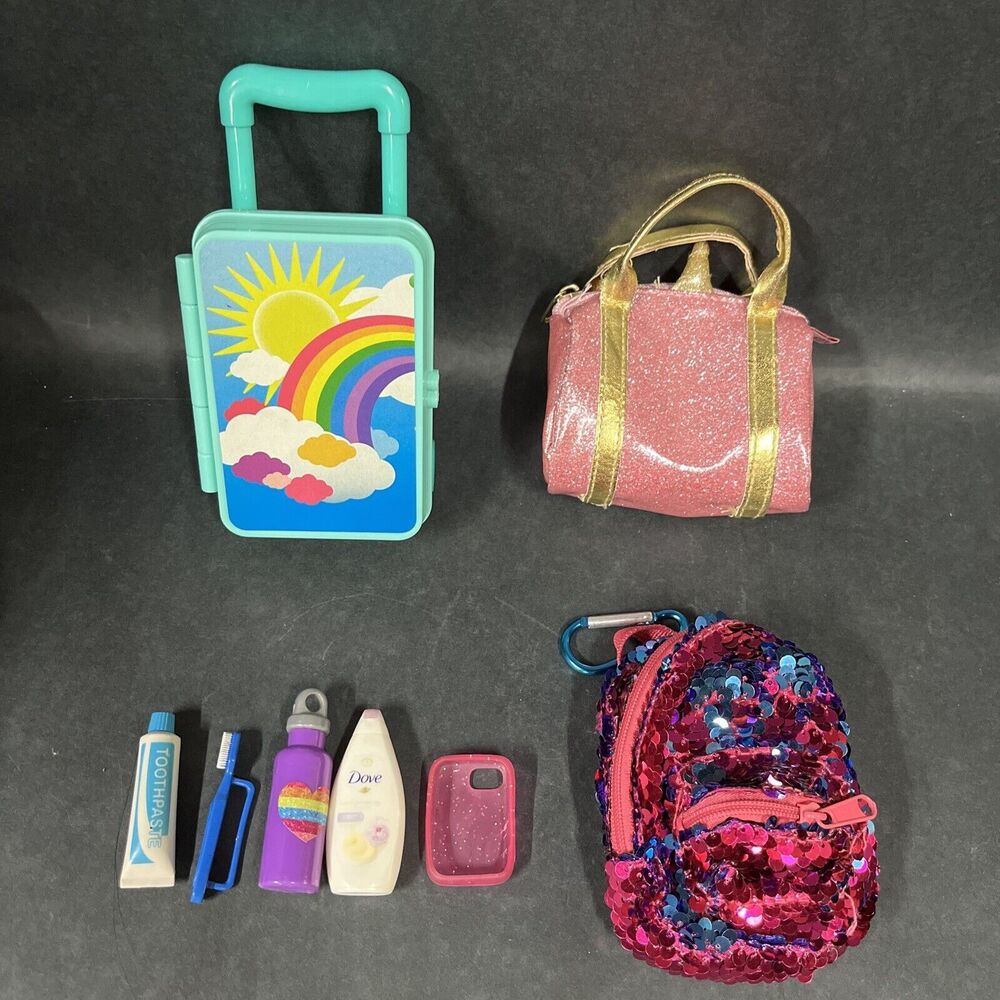 8‎ Doll Accessories Travel Lot Rolling Luggage,Purse,Backpack,Toothbrush Set Etc